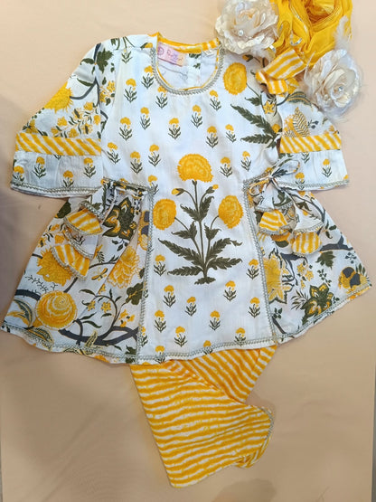 Block Printed Mugalbuta (Yellow  on white) side tie up gathered kurti with Lahariya tulip pants