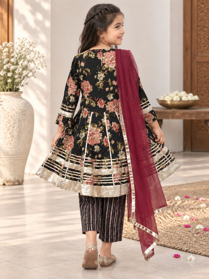 Black Floral Printed Girls Flare Suit Set