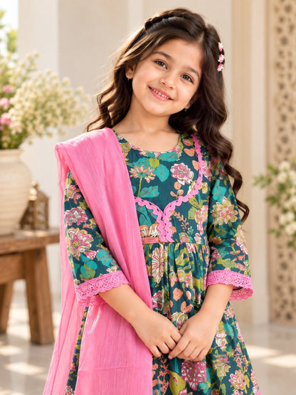 Ethnic Gathered Olive Green Kurta With Sharara Set