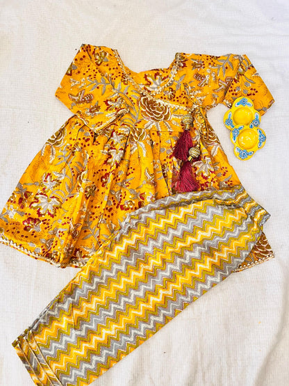Mustard Colour Floral Printed Girls Flare Suit Set