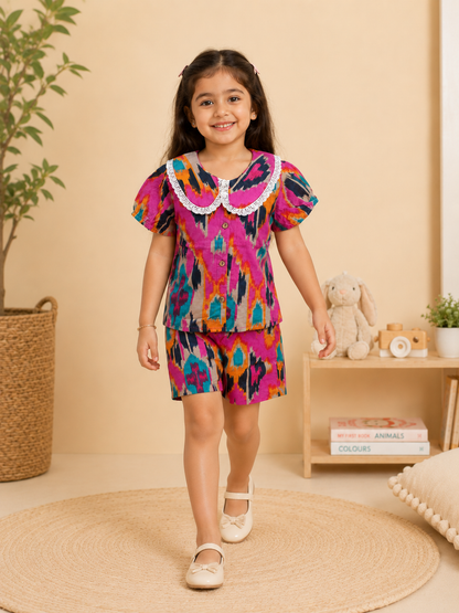 Boys Blue Ikkat & Girls Pink Printed Co-ord Set | Handcrafted Cambric Cotton Half Sleeve Shirt & Shorts Playwear Outfit | Casual Summer Dress Set for Kids