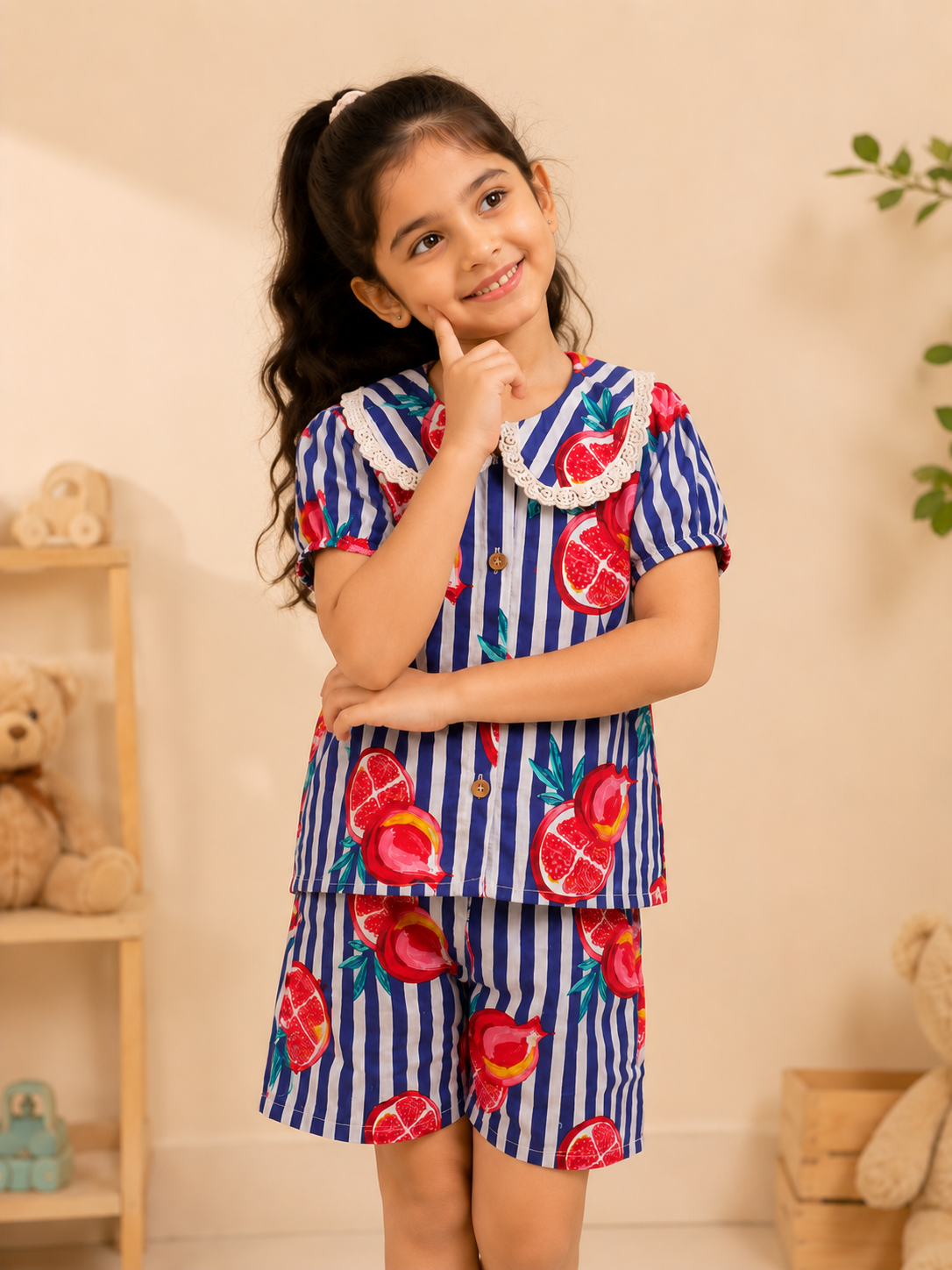Striped-quirky-fruit  printed Cord-Set  for Girls