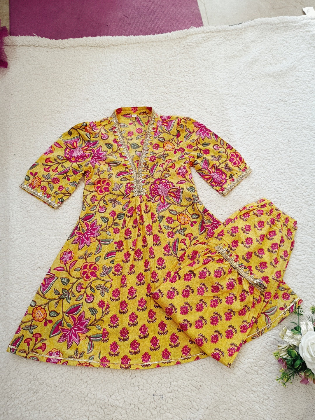 Mustard Screen Printed Afghani Style Suit Set