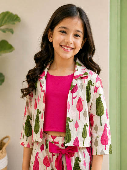 Blue Block Printed 3 Piece Girls Co-Ords