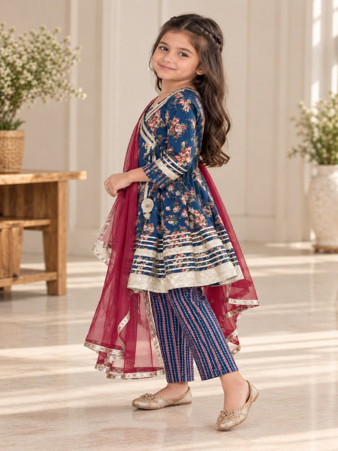Blue Floral Printed Girls Flare Suit Set