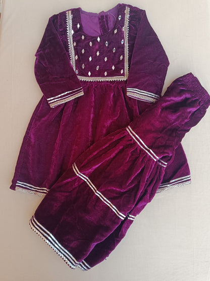 Wine Coloured Alia Cut Velvet  Kurti With Sharara