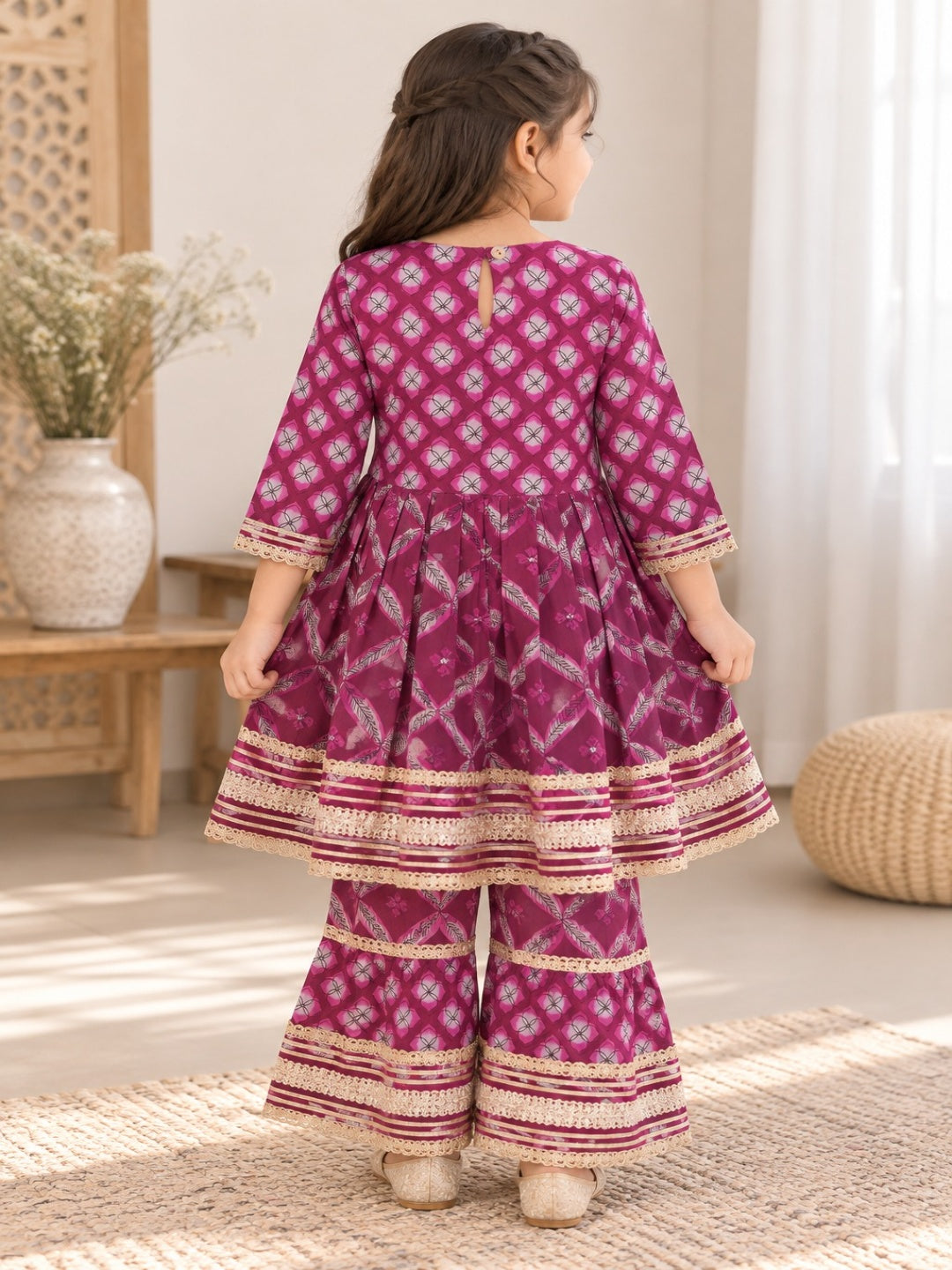 Jaal Butta  Print Wine Coloured Anarkali Suit with Sharara
