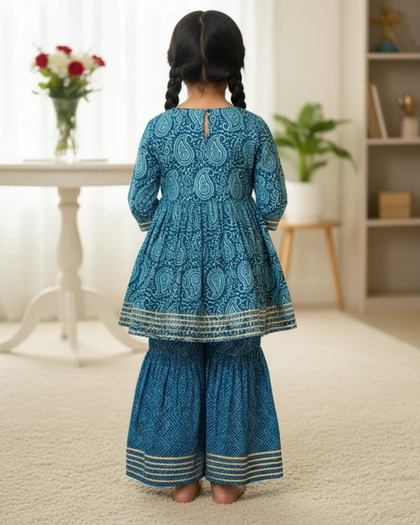Block Printed Blue Colour Anarkali Suit with Sharara