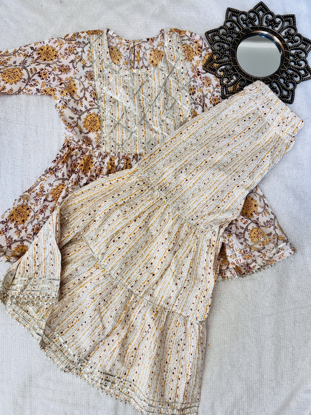 Screen Print Yellow Color Anarkali suit With Sharara