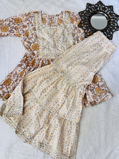Screen Print Yellow Color Anarkali suit With Sharara