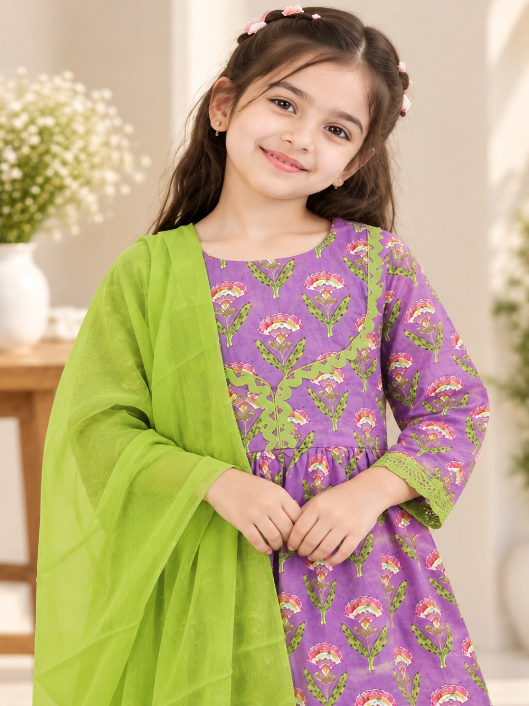 Floral Gathered Lavender Kurta With Sharara Set