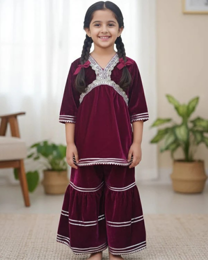 Pink Coloured Alia Cut Velvet Kurti With Sharara