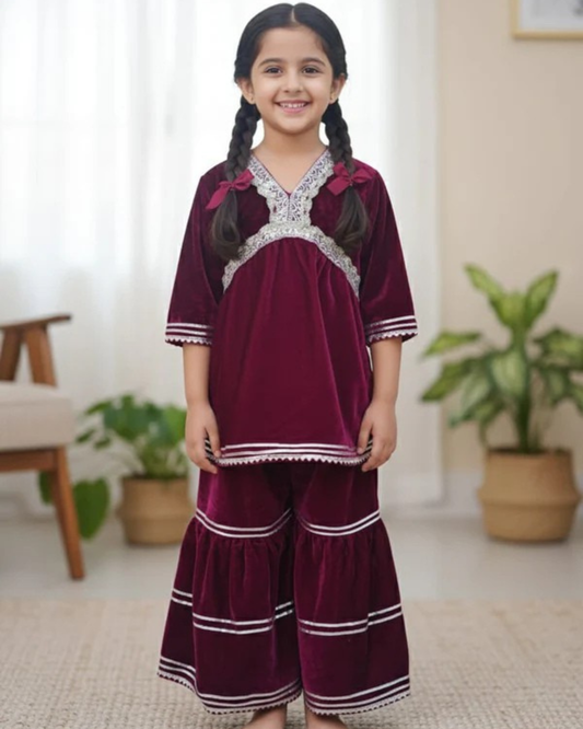 Pink Coloured Alia Cut Velvet Kurti With Sharara