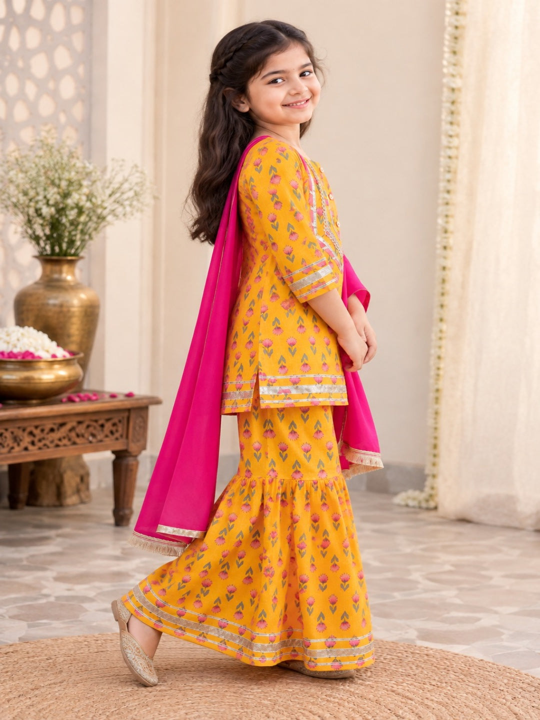 Screen Printed Yellow Kurta With Sharara Set