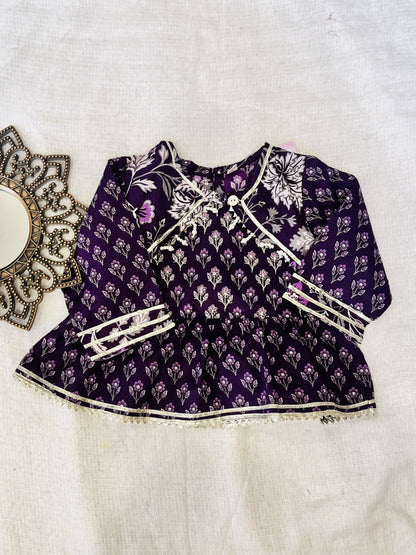 Purple and Blue Floral Printed Gathered Kurta with Palazzo