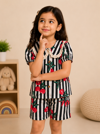 Striped-quirky-fruit  printed Cord-Set  for Girls