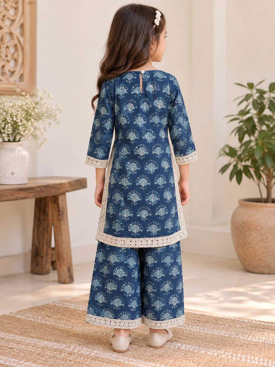 Blue Block Printed Straight Kurta with Palazzo