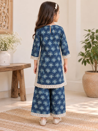 Blue Block Printed Straight Kurta with Palazzo