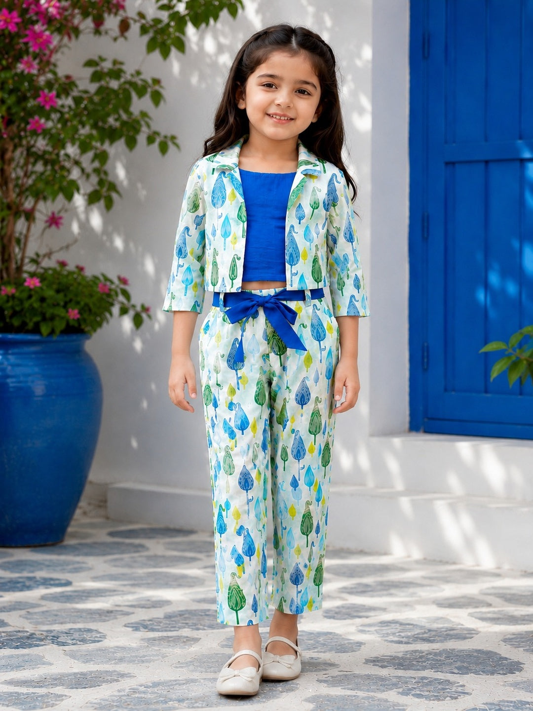 Blue Block Printed 3 Piece Girls Co-Ords