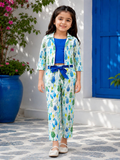 Blue Block Printed 3 Piece Girls Co-Ords