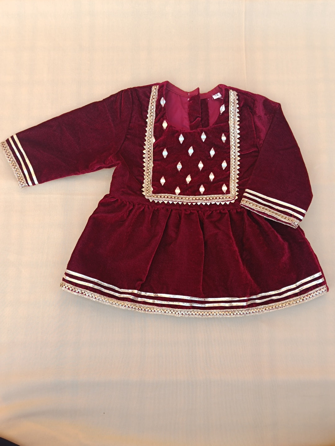 Maroon Coloured Mirror-Embroidery Velvet  Kurti With Sharara