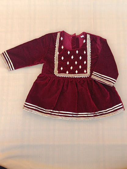 Maroon Coloured Mirror-Embroidery Velvet  Kurti With Sharara