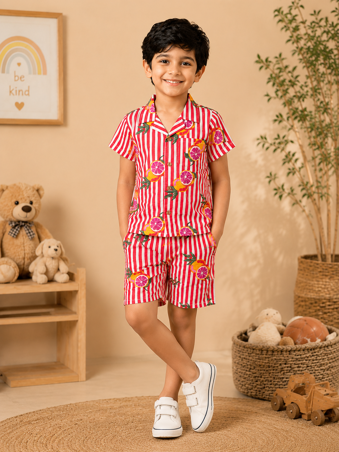 Boys' Striped Quirky Fruit Print Co-ord Set. Handcrafted Cambric Cotton Half Sleeve Shirt & Shorts Set for Comfortable Casual Wear