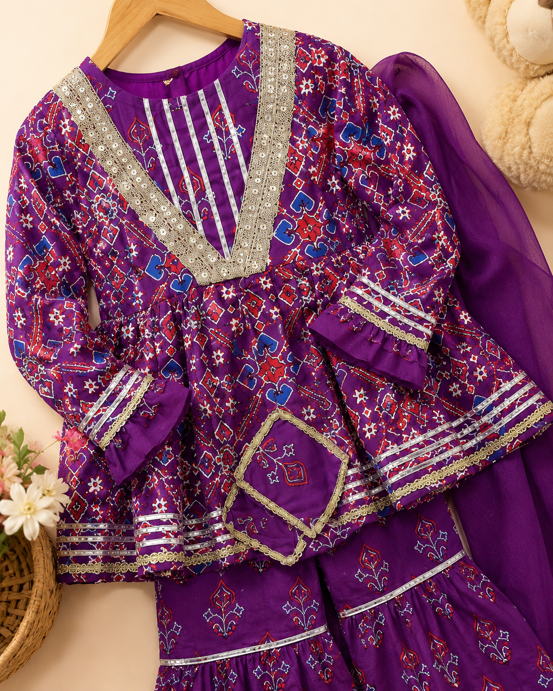 Girls Patola Printed Cambric Cotton Kurti Sharara Set with Dupatta