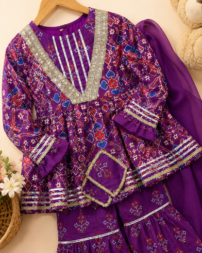 Girls Patola Printed Cambric Cotton Kurti Sharara Set with Dupatta