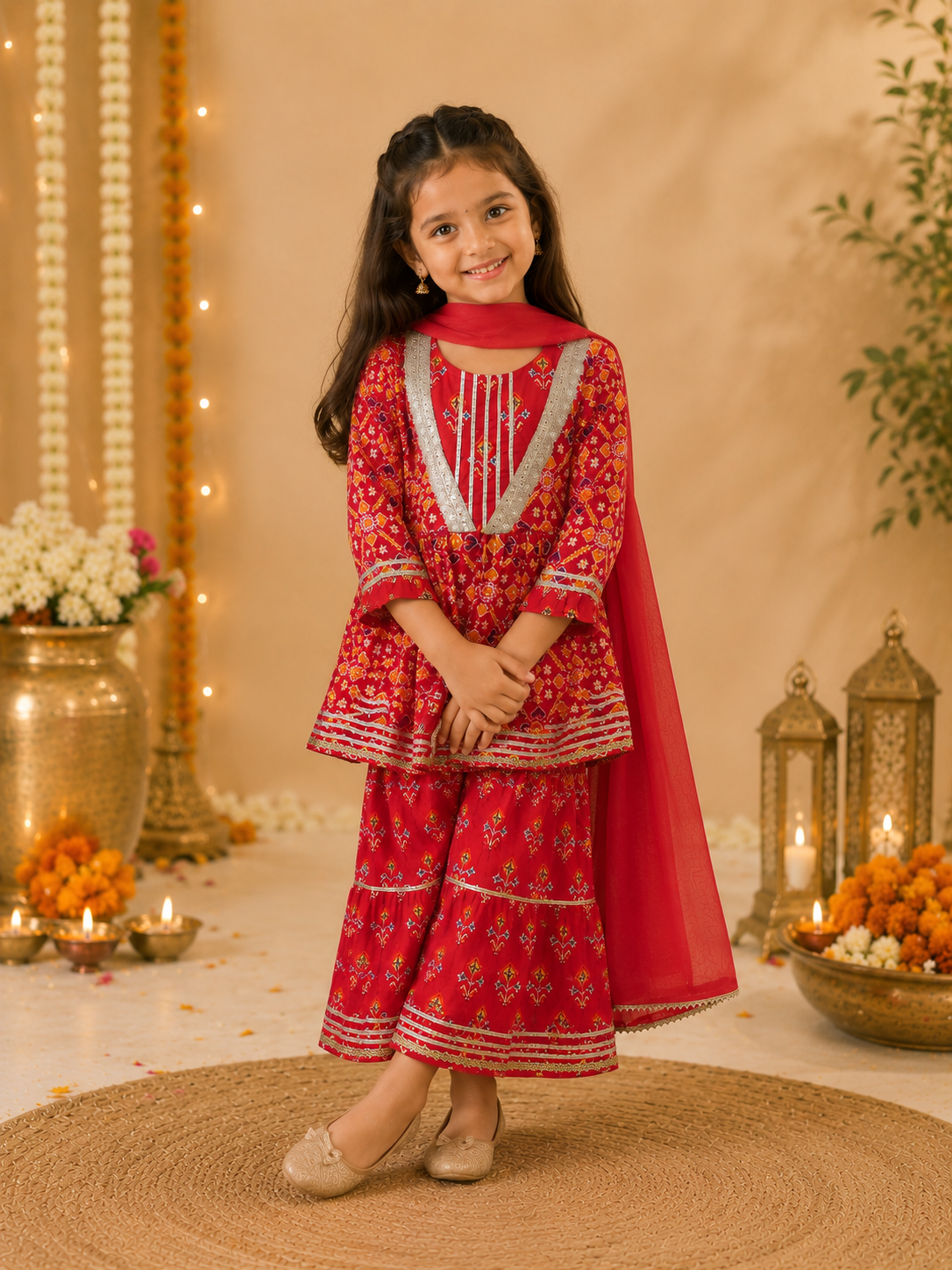 Girls Patola Printed Cambric Cotton Kurti Sharara Set with Dupatta