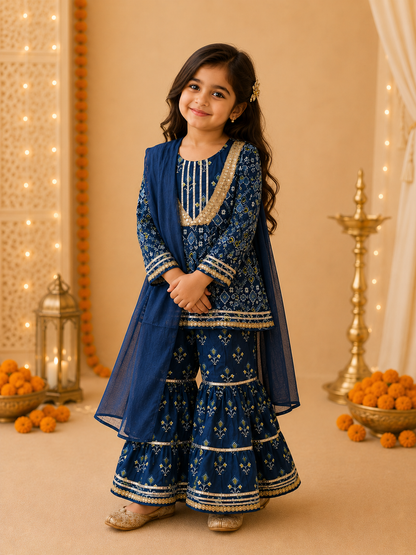 Girls Patola Printed Cambric Cotton Kurti Sharara Set with Dupatta