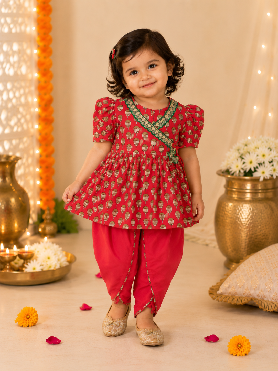 Girls Magenta Pink Lotus Buti Angrakha Kurti with Tulip Pant