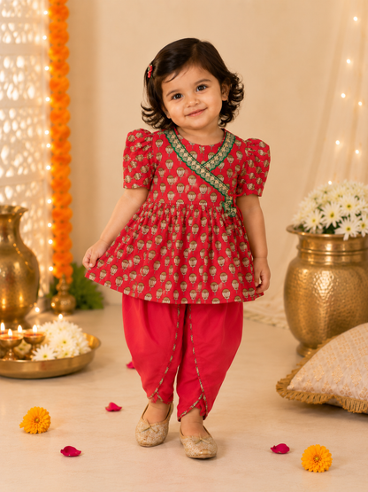 Girls Magenta Pink Lotus Buti Angrakha Kurti with Tulip Pant