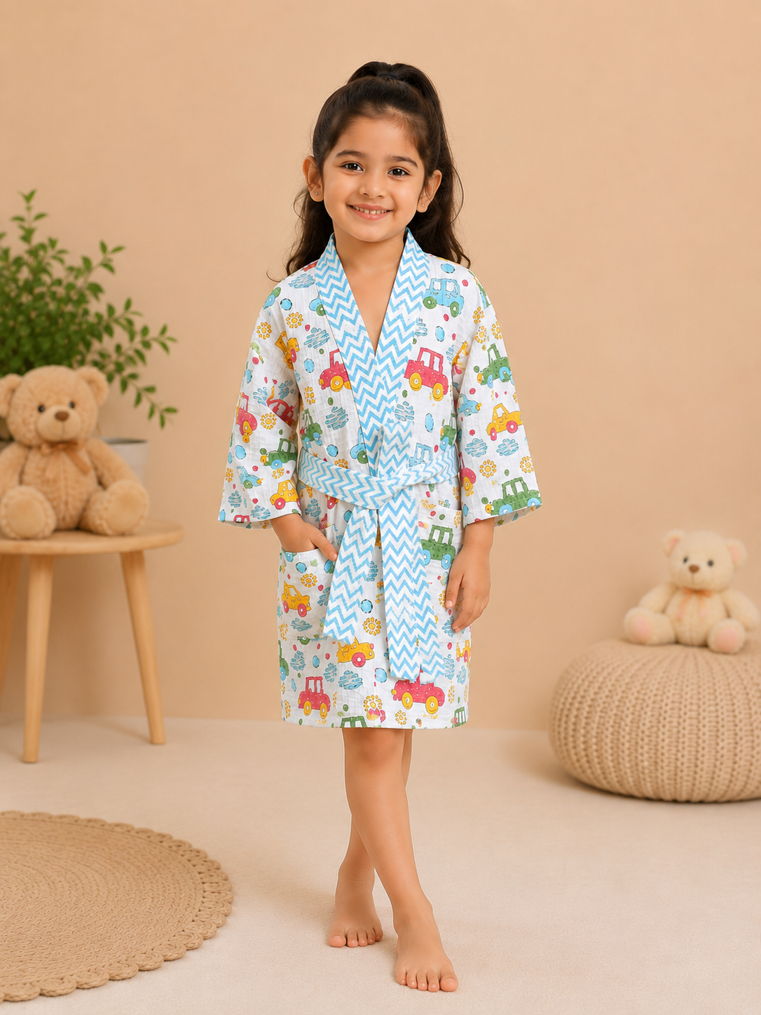 Girls Cotton Waffle Bathrobe with Cute Giraffe and  car Print & Belt