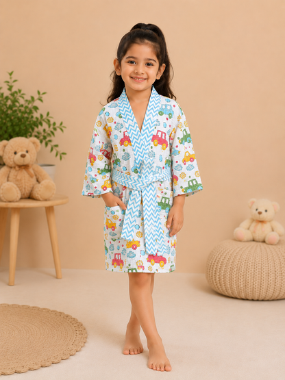 Girls Cotton Waffle Bathrobe with Cute Giraffe and  car Print & Belt
