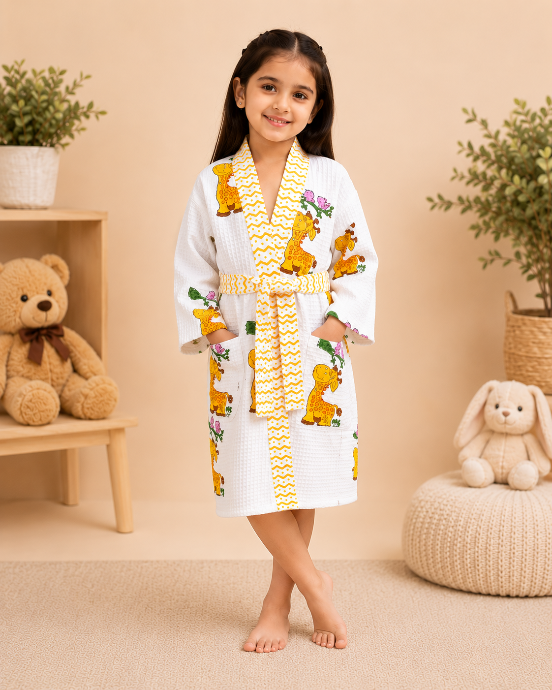 Girls Cotton Waffle Bathrobe with Cute Giraffe and  car Print & Belt