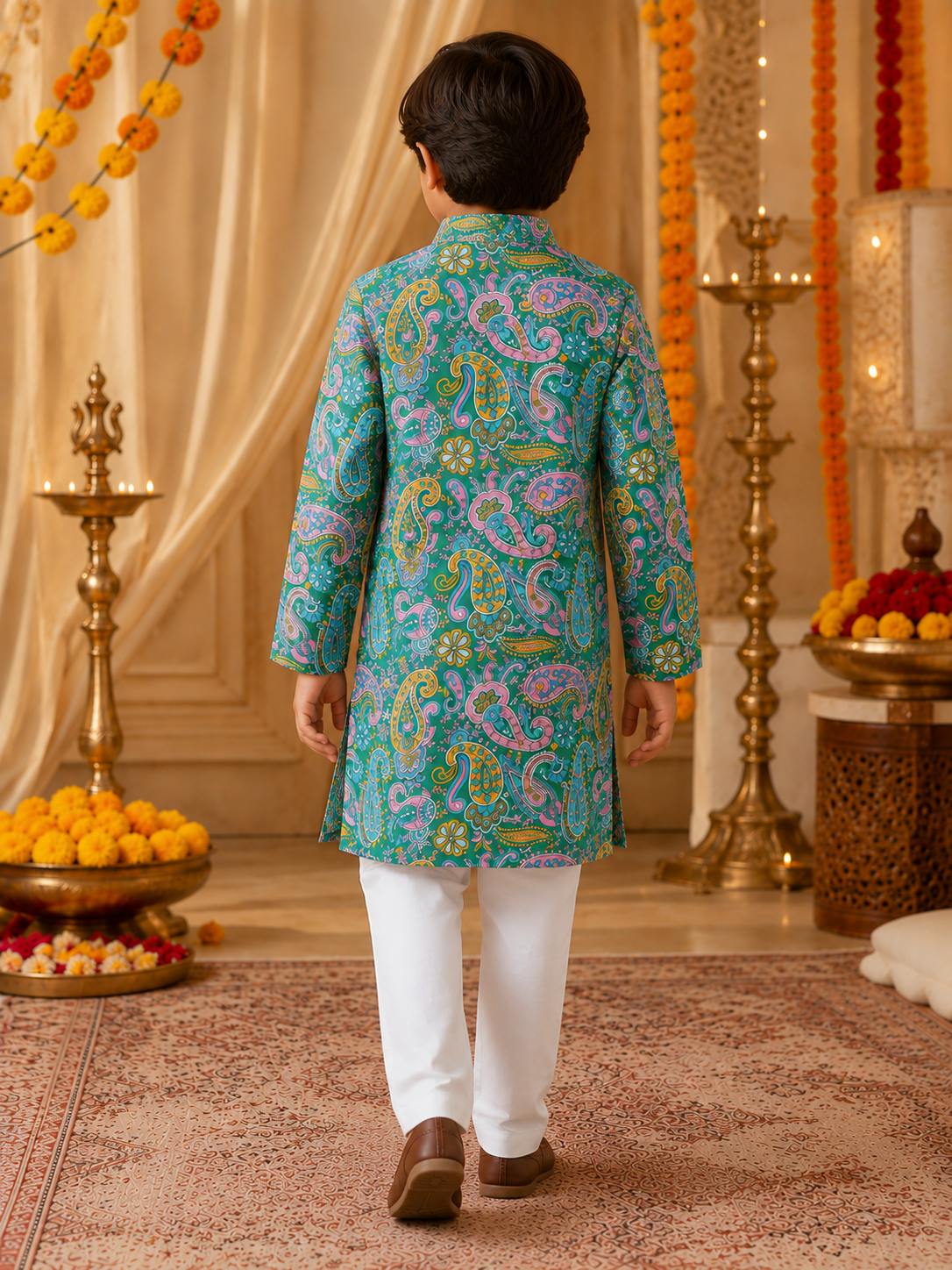 Boys Paisley Printed Cambric Cotton Kurta Pyjama Set