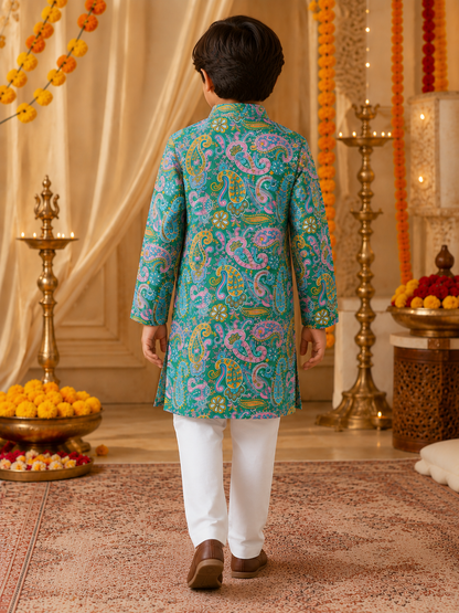 Boys Paisley Printed Cambric Cotton Kurta Pyjama Set