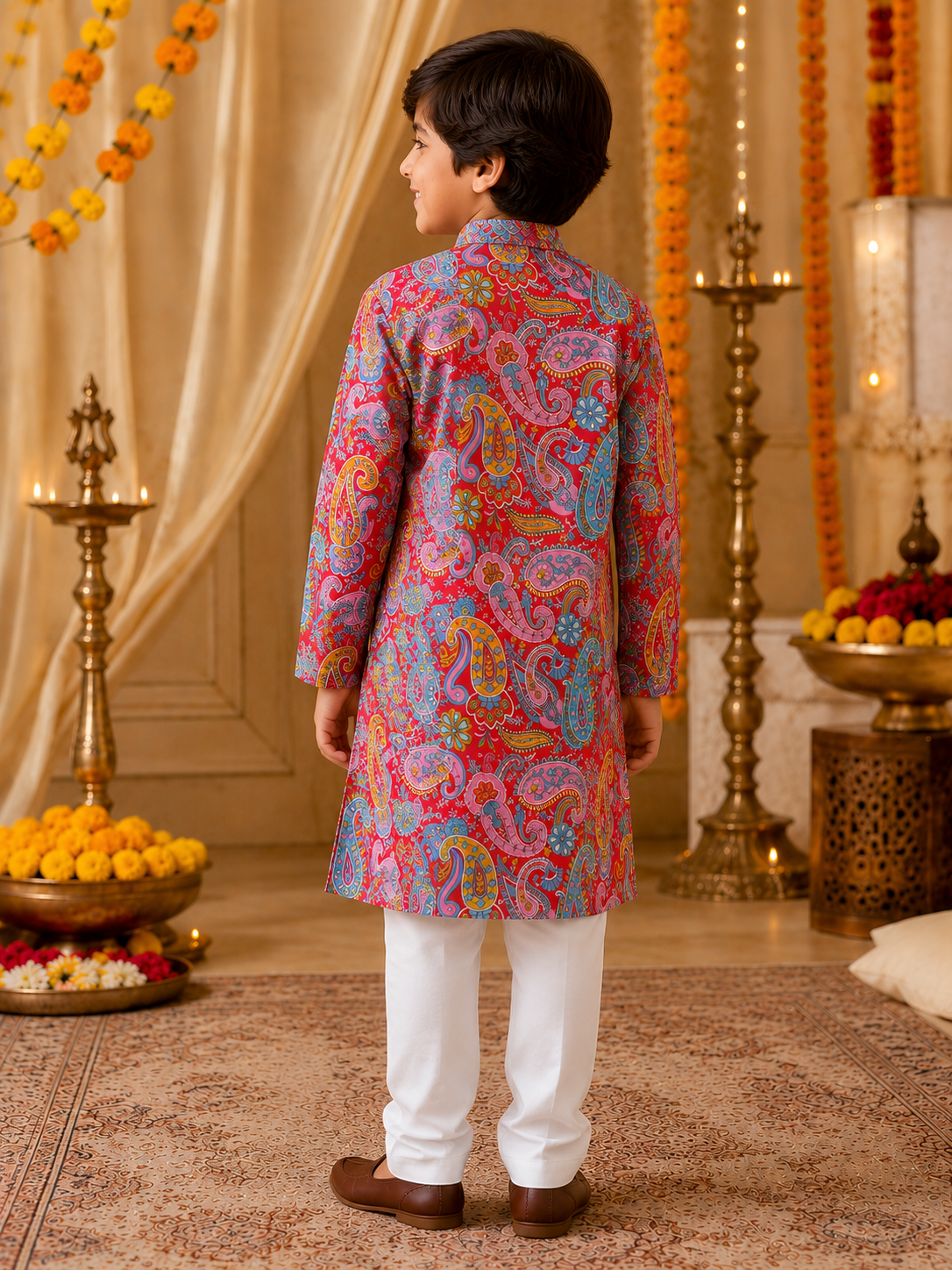 Boys Paisley Printed Cambric Cotton Kurta Pyjama Set