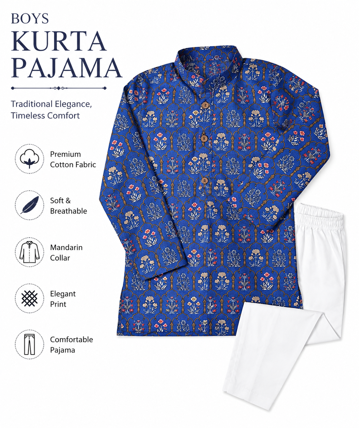 Boys Mughal Boota Printed Cambric Cotton Kurta Pyjama Set