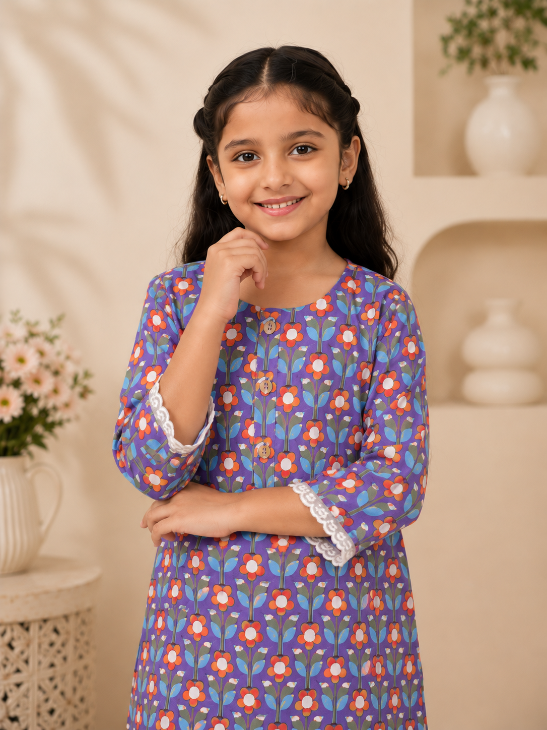 Girls Floral Printed Cambric Cotton Straight Kurta with Palazzo Set