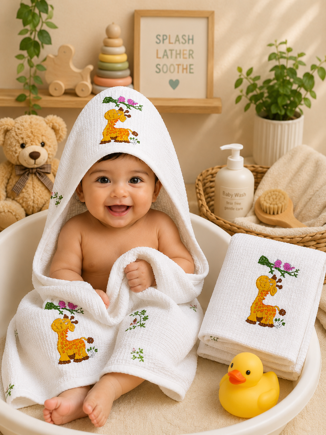 Kids White Waffle Cotton Bath Towel with Cute Giraffe Print