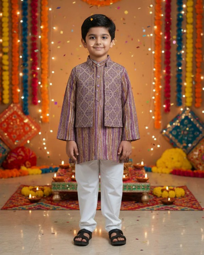 Onion Pink Ajrakh print Jacket with Kurta -Pyjama