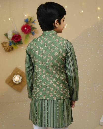 Dark Henna Green print Jacket with Kurta -Pyjama