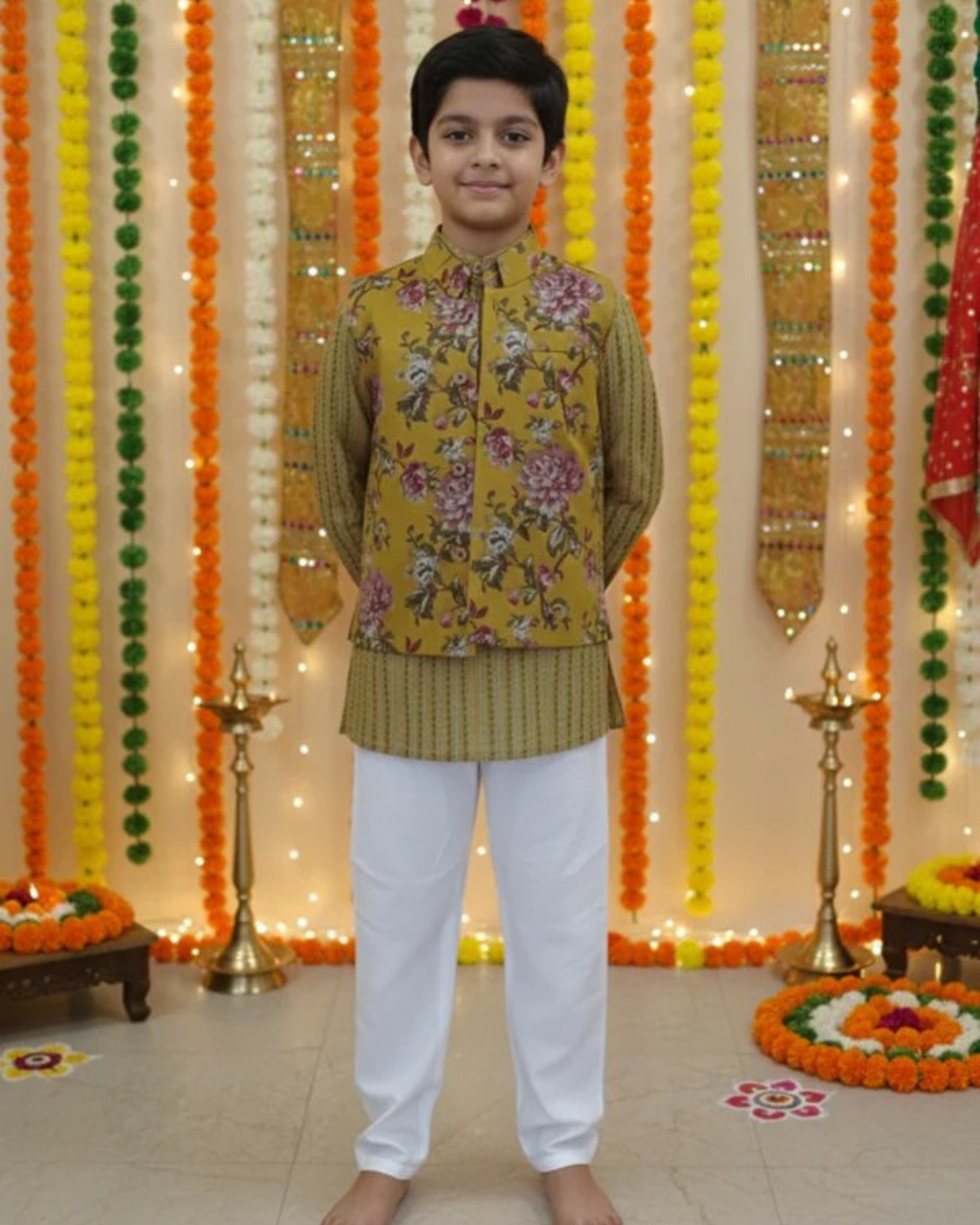 Royal Blue Fulwari Print Jacket with Kurta-Pyjama