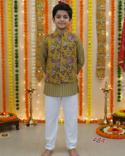 Royal Blue Fulwari Print Jacket with Kurta-Pyjama