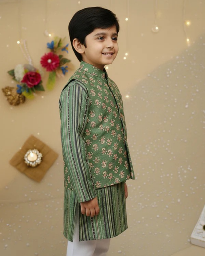 Dark Henna Green print Jacket with Kurta -Pyjama