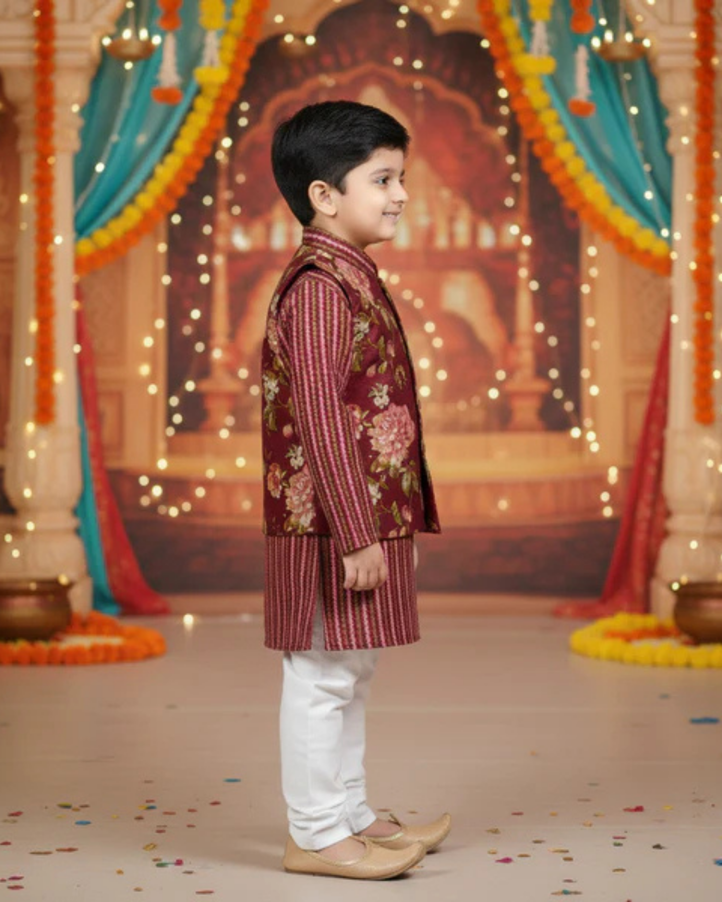 Mehroon Fulwari Jacket with Kurta -Pyjama ( Tie and Dye)