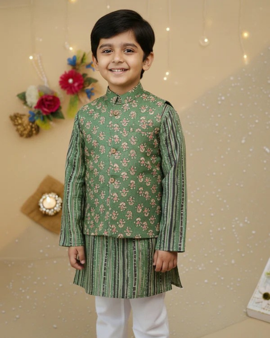 Dark Henna Green print Jacket with Kurta -Pyjama