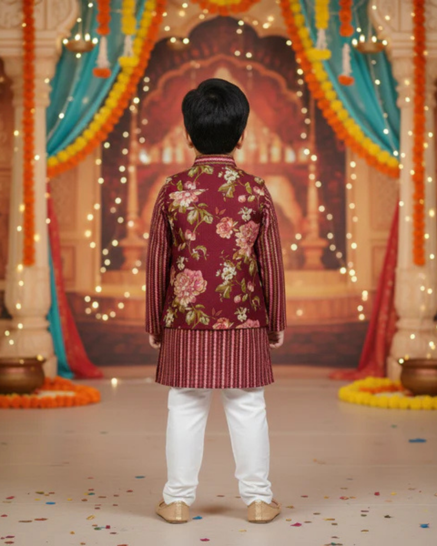 Mehroon Fulwari Jacket with Kurta -Pyjama ( Tie and Dye)